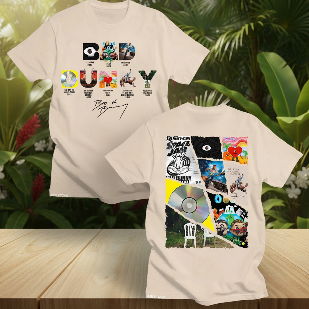 Camiseta beige - frente y espalda con fondo tropical